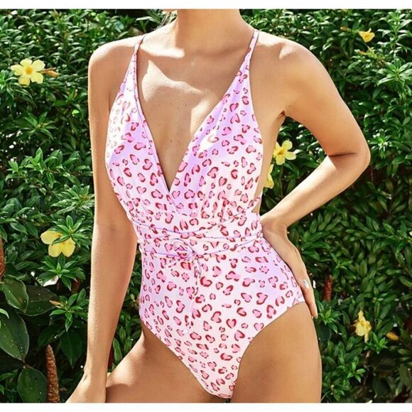 Shein Leopard Print Criss Cross One Piece Swimsuit Size XL NEW - Picture 6 of 8